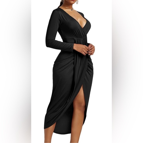 Women's V Neck Ruched Wrap Slit Hem Long Sleeve Bodycon Midi Dress - Picture 3 of 4